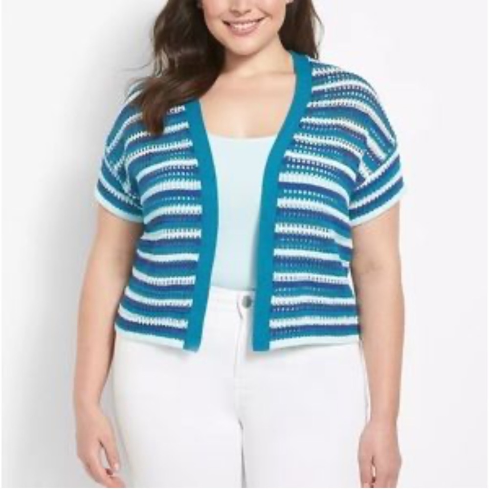 Lane Bryant Blue Striped Short Sleeve Cropped Crochet Knit‎ Open Front Cardigan